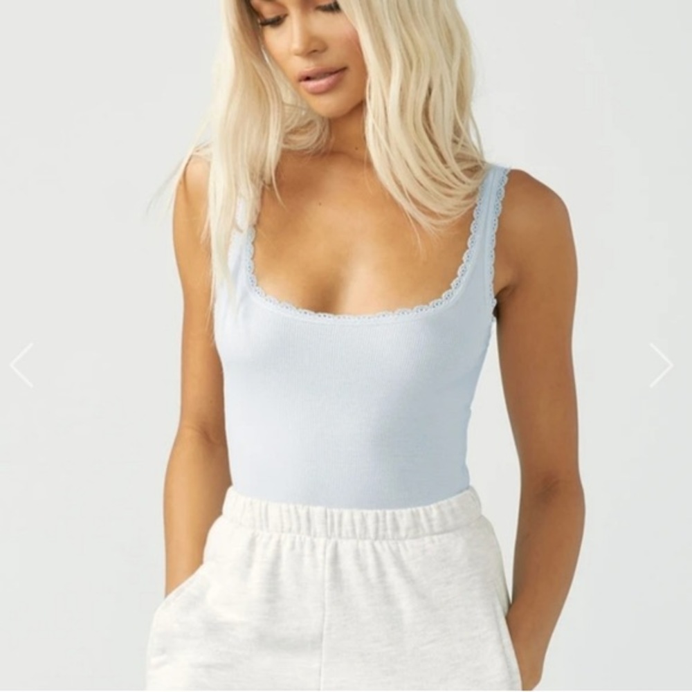 Joah Brown Lace Trim Tank in Baby Blue - Size S